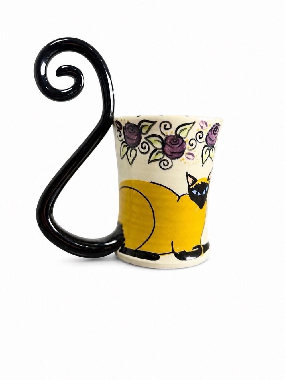 April Gadler Siamese Cat Mug Handmade Ceramic Purple Rose Folk Art